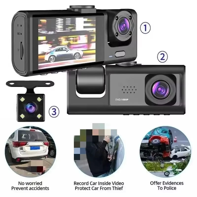 1080P 3 Channel Car DVR HD 2/3-Lens inside Vehicle Dash Camthree Way Camera Dvrs Recorder Video Registrator Dashcam Camcorder