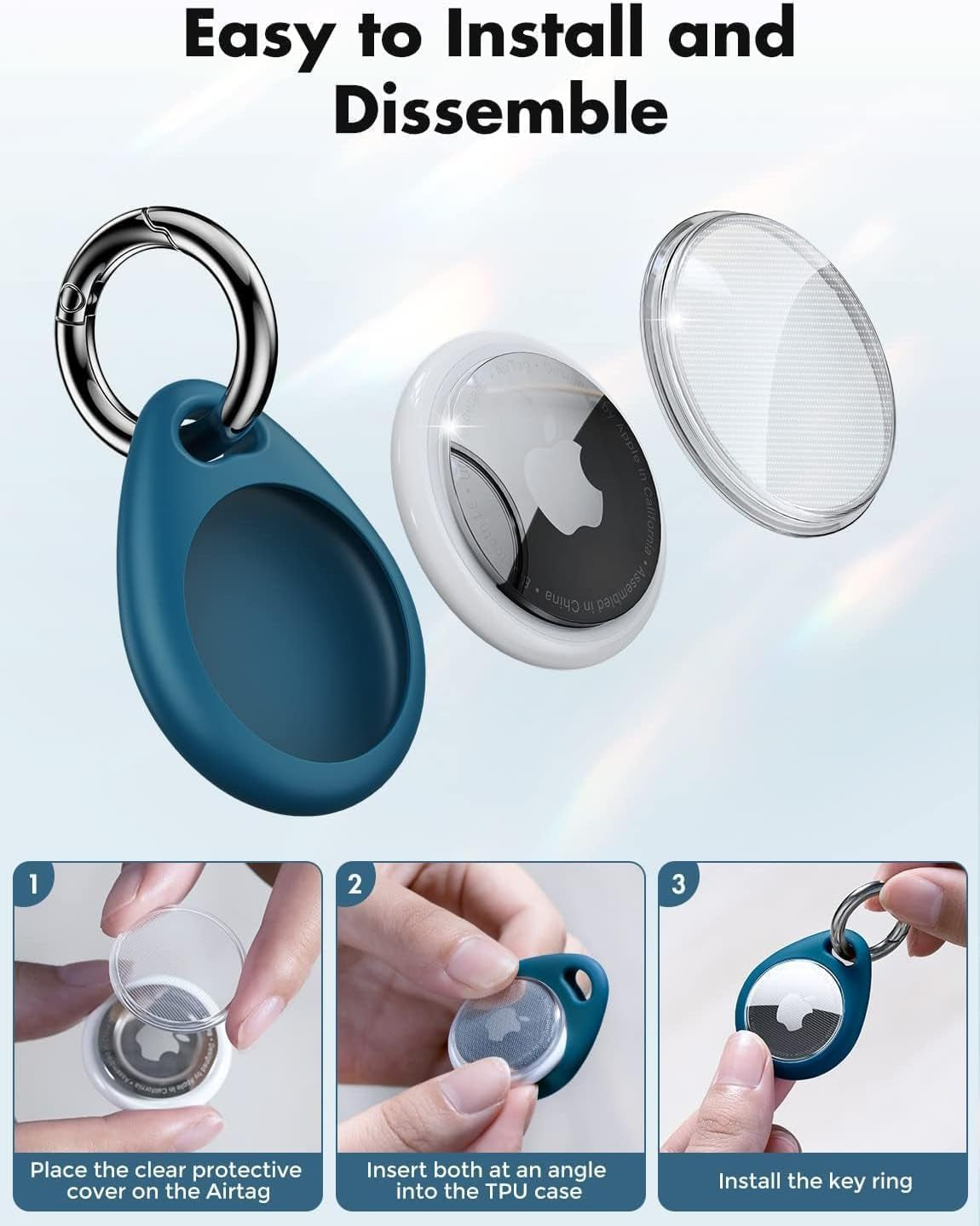 360° Protective Case for Airtag, [4-Pack] Airtags Keyring Holder, Scratch-Resistant, Lock Design, Keychain for Airtag, TPU Full Cover Case for Key, Bag, Luggage, Pet Collar (Black&Blue)