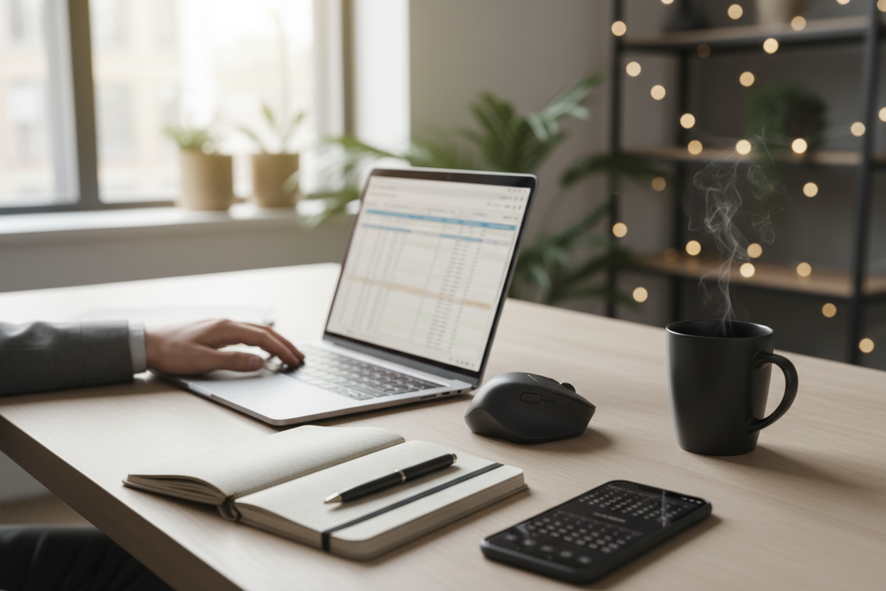 An image of a well lighted computer table with hand and productivity gadgets in a hyper realistic setting with blur background