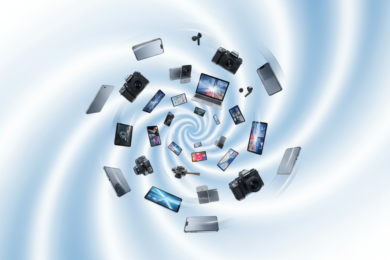 Video of tech gadgets circling around